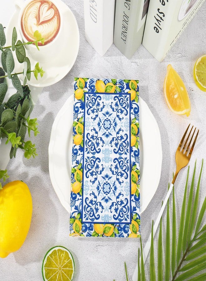 JarThenaAMCS 80Pcs Lemon Guest Napkins Blue Tile Lemon Disposable Paper Napkin Mediterranean Dinner Hand Napkin for Summer Party Supplies - Image 3